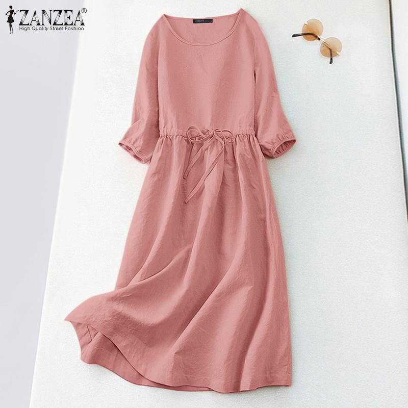 

ZANZEA Женское повседневное свободное летнее хлопковое платье с круглым вырезом и рукавами 3/4