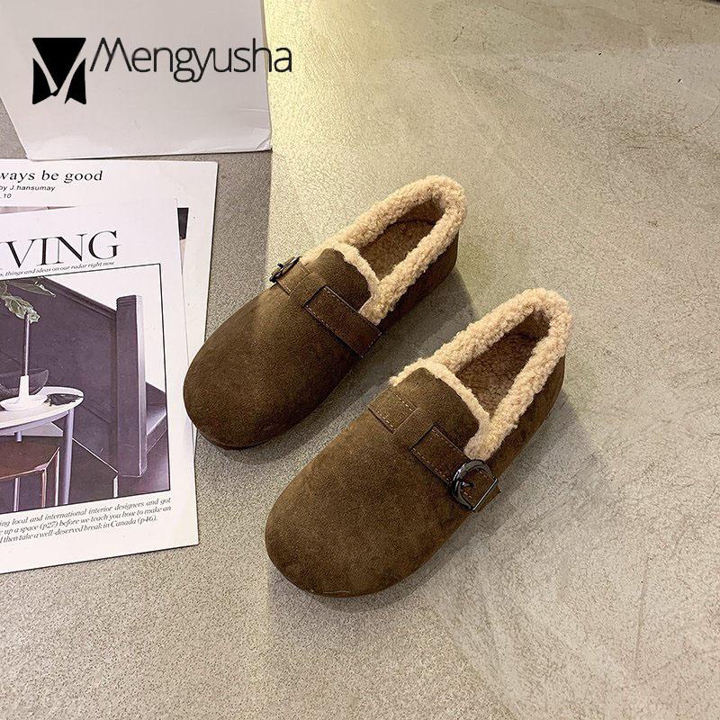 Retro Casual Winter Cotton Shoes Women Buckle Band Wool Fur Flats Woman Round Toe Loafers Fur Moccasins Warm Plush Sneakers 2024