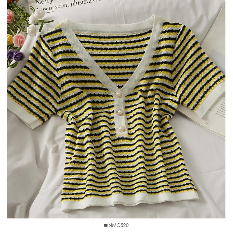Fashion Summer Temperament Versatile Striped V-neck Pearl Buttons Short Paragraph Short-sleeved Knit Shirt Tops Female Casual Slim Fit Pullovers Tees