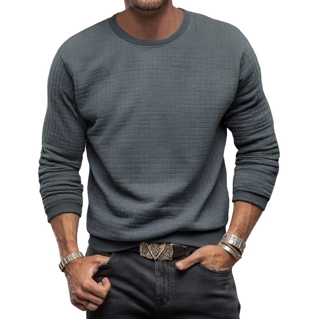 Men's Casual Long-Sleeved Checked Shirt, Slim-Fit Round-Neck Solid-Color Top