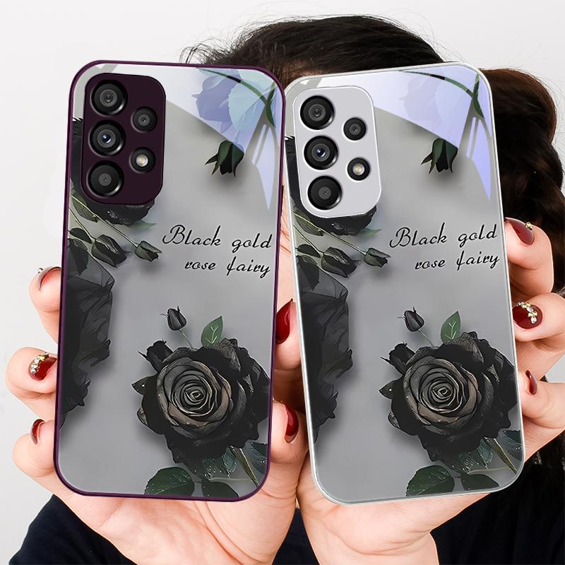 Hot Stamping Rose Black For Samsung Galaxy S24 Plus S20 21 FE S23 Ultra S8 9 A70 72 73 50 51 52 53 Tempered Glass Phone Case
