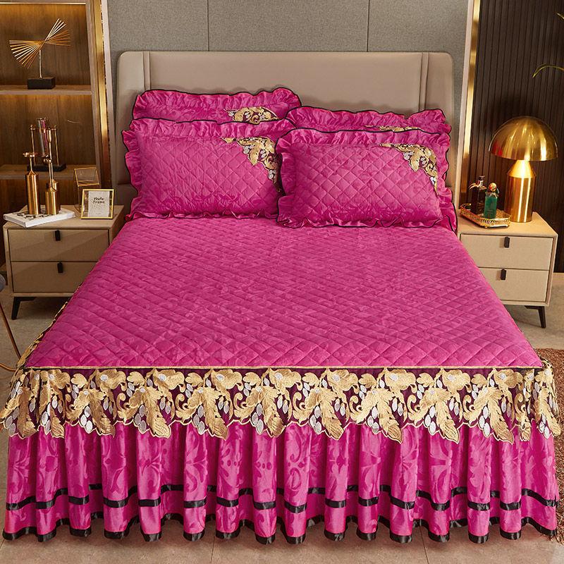 3PCS Lace Quilted Crystal Velvet Bed Skirt Three-piece Set for Autumn and Winter Warmth Coral Fleece Bed Cover Thickened Fleece Bed Cover