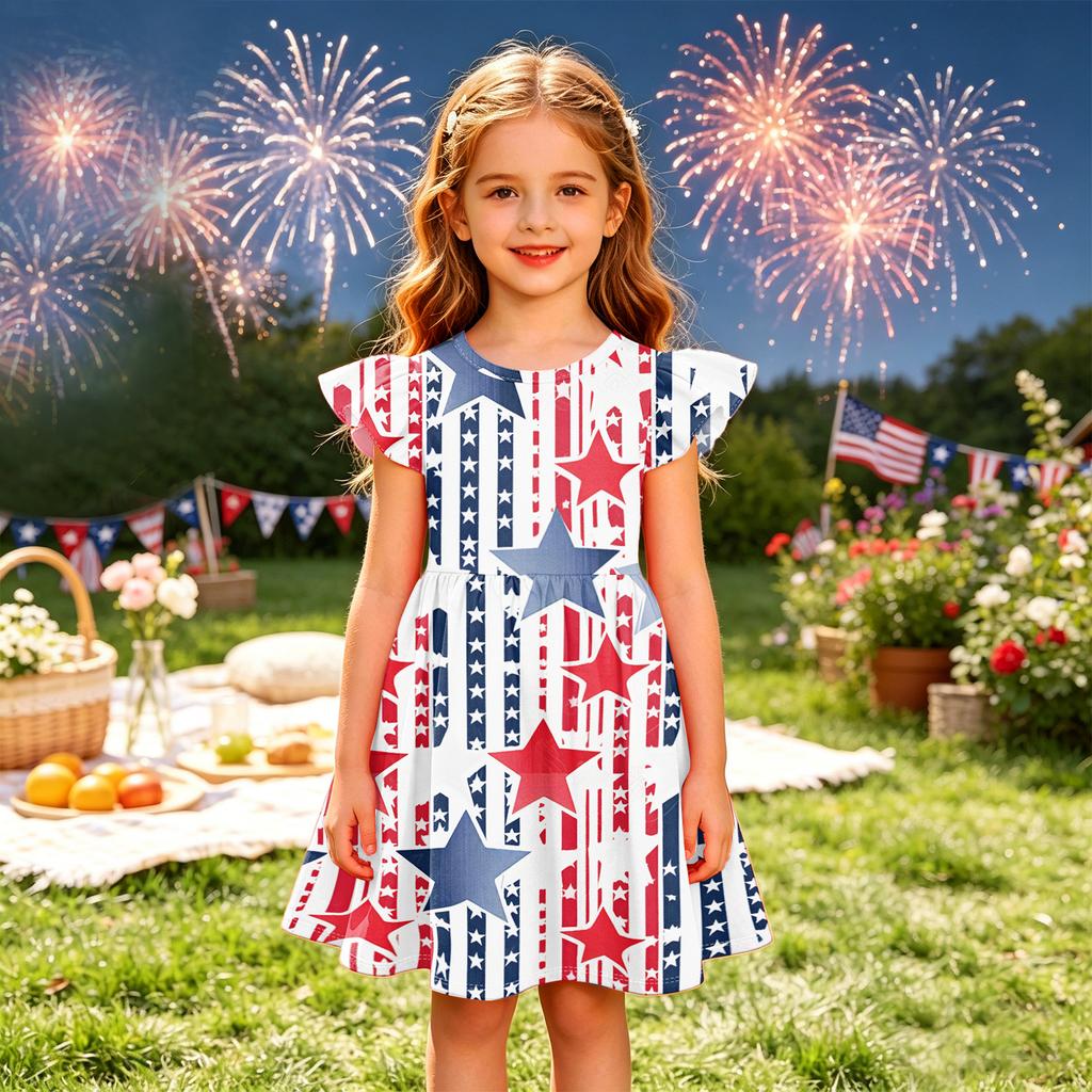 Girls Short Sleeve Dress with Star and Stripe Print Soft Crew Neck Casual A Line Fit Lightweight Summer Dress