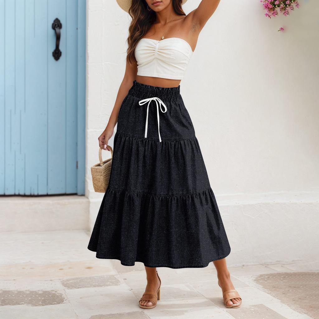 Damen Rüschen Frühling Casual Langer Rock Einfarbiger Rock Retro Faltenrock