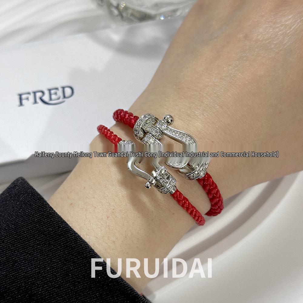 Bracciale Fred Placcato Oro 18k con Ferro di Cavallo Diamantato Zodiaco Corda Rossa - Unisex Stile Fai da Te a Forma di 8
