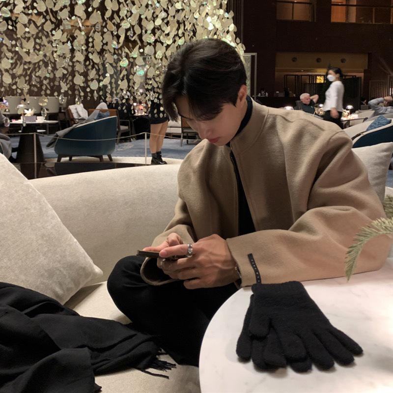 Men's Korean Style Wool Bomber Jacket - Spring Trend, Stand Collar, Solid Color, Cool & Handsome Design.