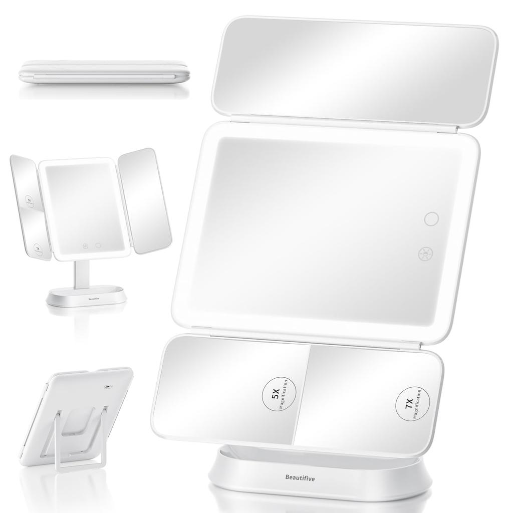 Beautifive Actress Makeup Mirror with Folding Magnifying Adjustable Tabletop 3 Color Brightness USB Storage Space Mirror Folding Mirror Mirror,
