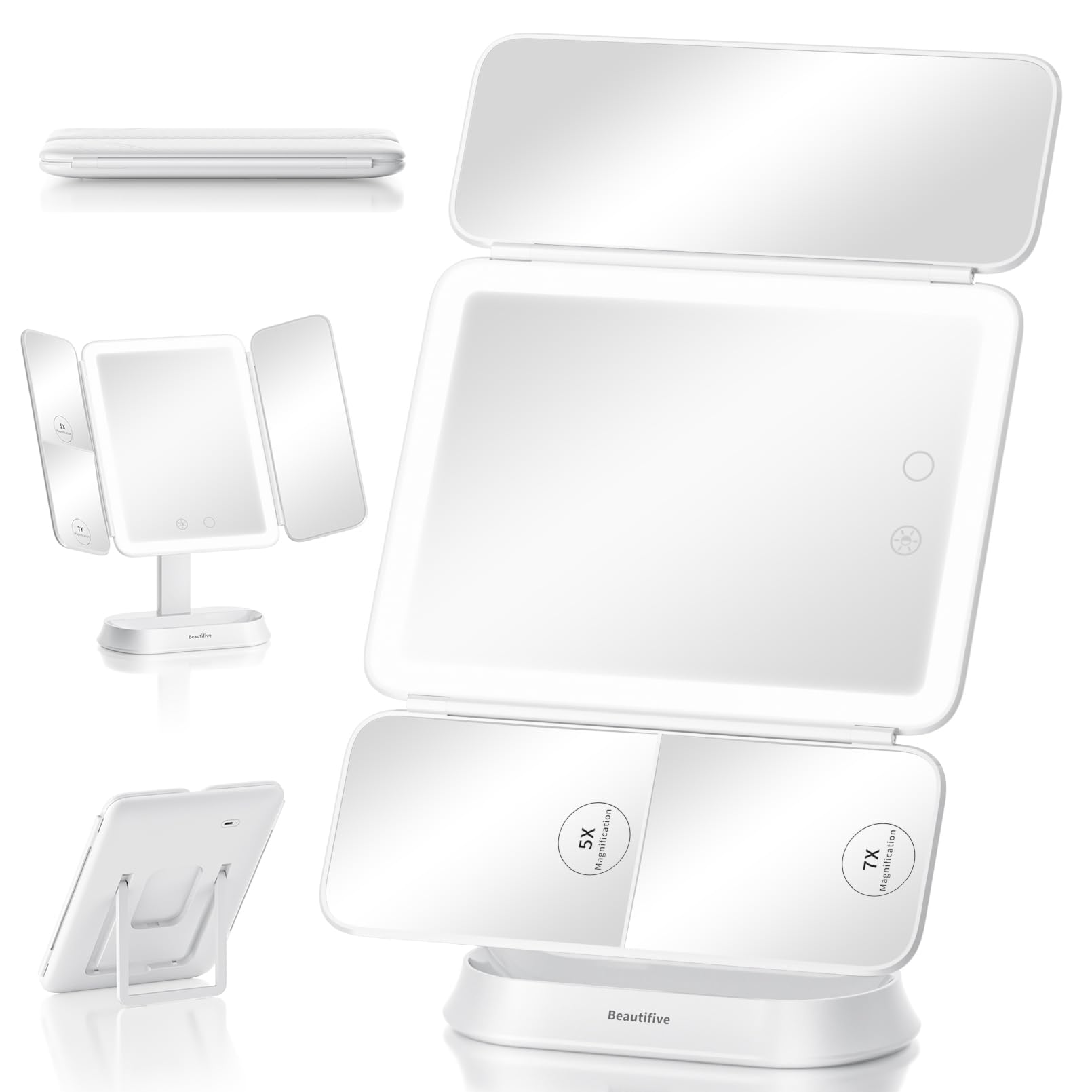 

Beautifive Зеркало для макияжа актрисы со складным увеличительным регулируемым настольным зеркалом с 3-цветной яркостью, USB, место для хранения, складное зеркало, зеркало,
