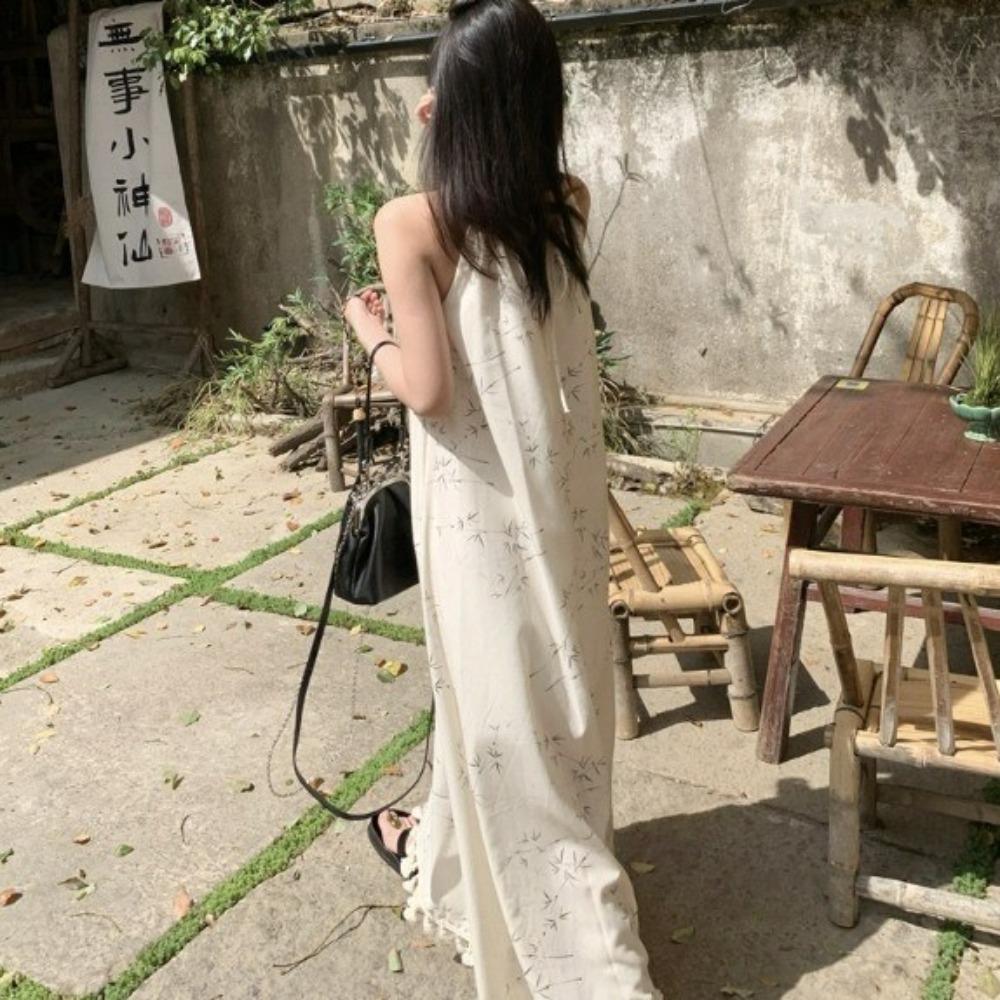A-line Floral Skinny Strap Dress Apricot Beach Vacation Sundress Sleeveless Long Dress  Streetwear