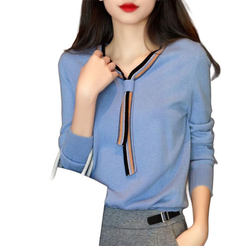 Women s Korean-Style Casual V-Neck Contrast Color Ribbon Knitwear Loose Slimming Long-Sleeve Sweater S синий