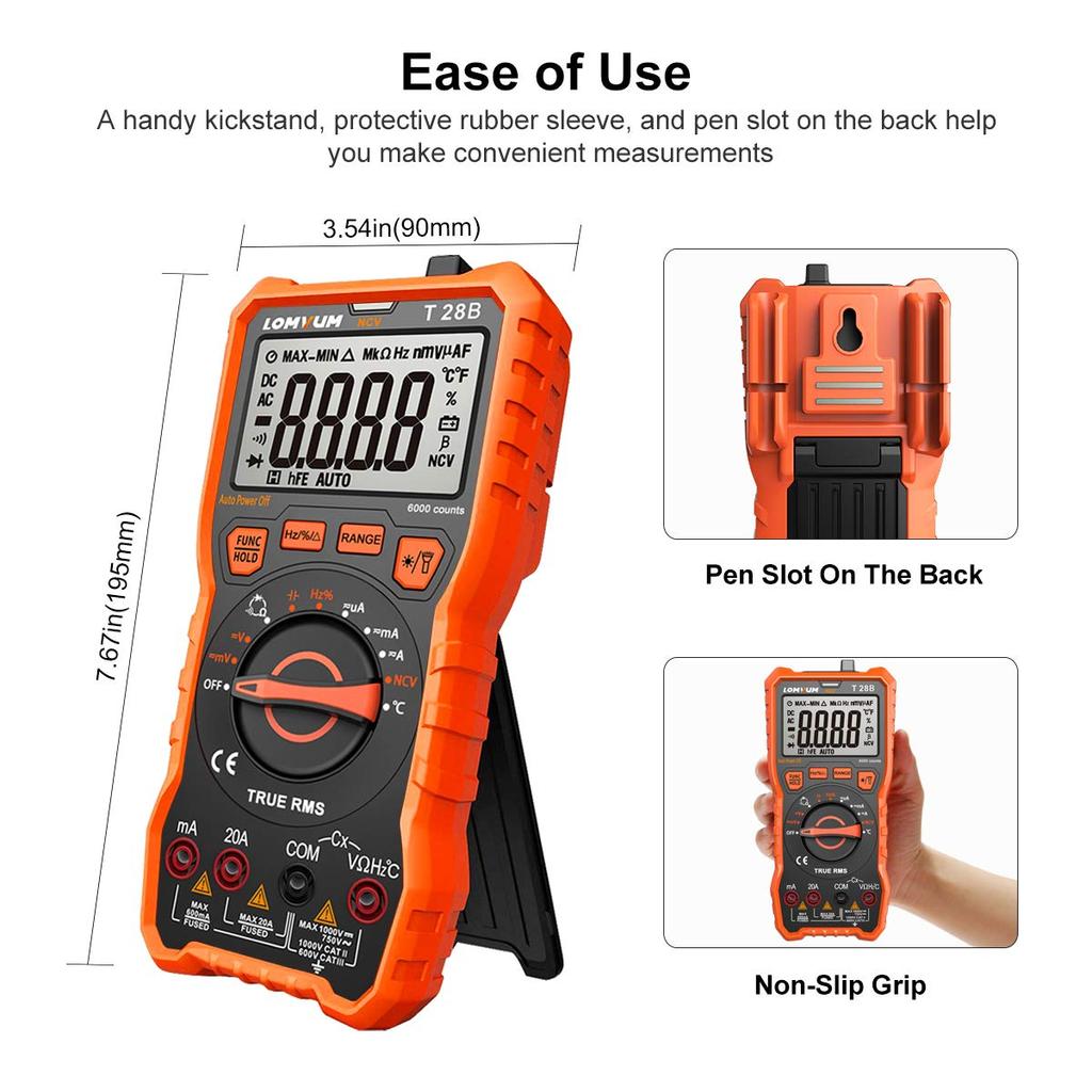 LOMVUM Digital 6000 Count Voltage Tester Meter with Backlight LCD and Flashlight Multimeter, Auto-Range Ohm, Volt, Ampere, Capacitance, Temperature,