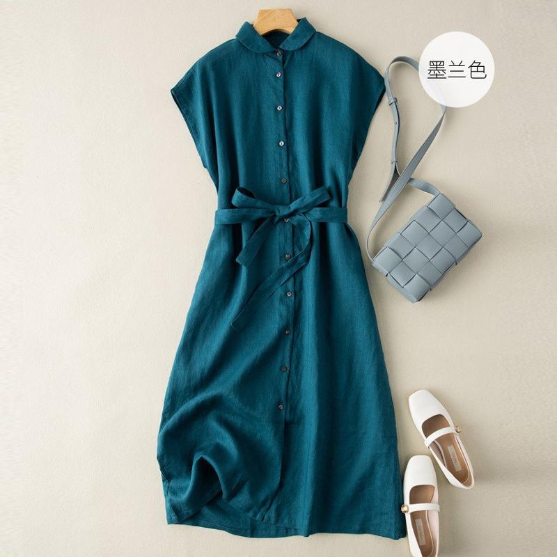 Summer New Literary and Loose Solid Color Cotton and Linen Lapel Sleeveless Dress Women's Waist Medium and Long
