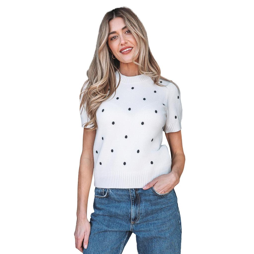 Winter Polka Dot Knit Sweater - Women's Short Sleeve Round Neck European American Fashion