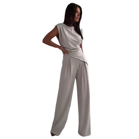 Women Two Piece Outfits Summer Sleeveless Irregular Hem Top And Wide Leg Pants Set Casual Business Office Set