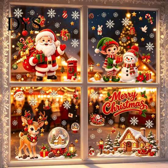 Decorative Glass Stickers for Christmas Window Cling, PVC Waterproof Santa Claus/ Elf Snowman/Elk/House Stickers, Reusable Easy Peel And Stick Holiday