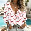 Women's Casual V-Neck Printed 3/4 Sleeve Blouse with Tie Front and Ruffled Trim