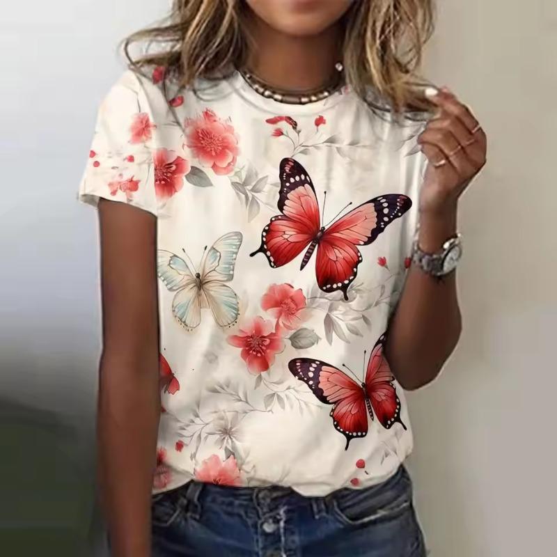 Women's T-Shirt Butterfly Graphic Print Summer Short Sleeve Casual Tops Street Fashion O Neck T-Shirt Oversized Female Clothing