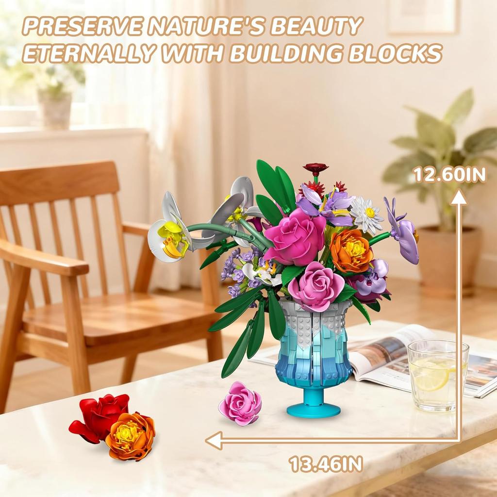 Roses Flowers Bouquet Building Set, Artificial Flore with Vase Compatible with Lego Botanical Collection for Women Adults Home Office Decor