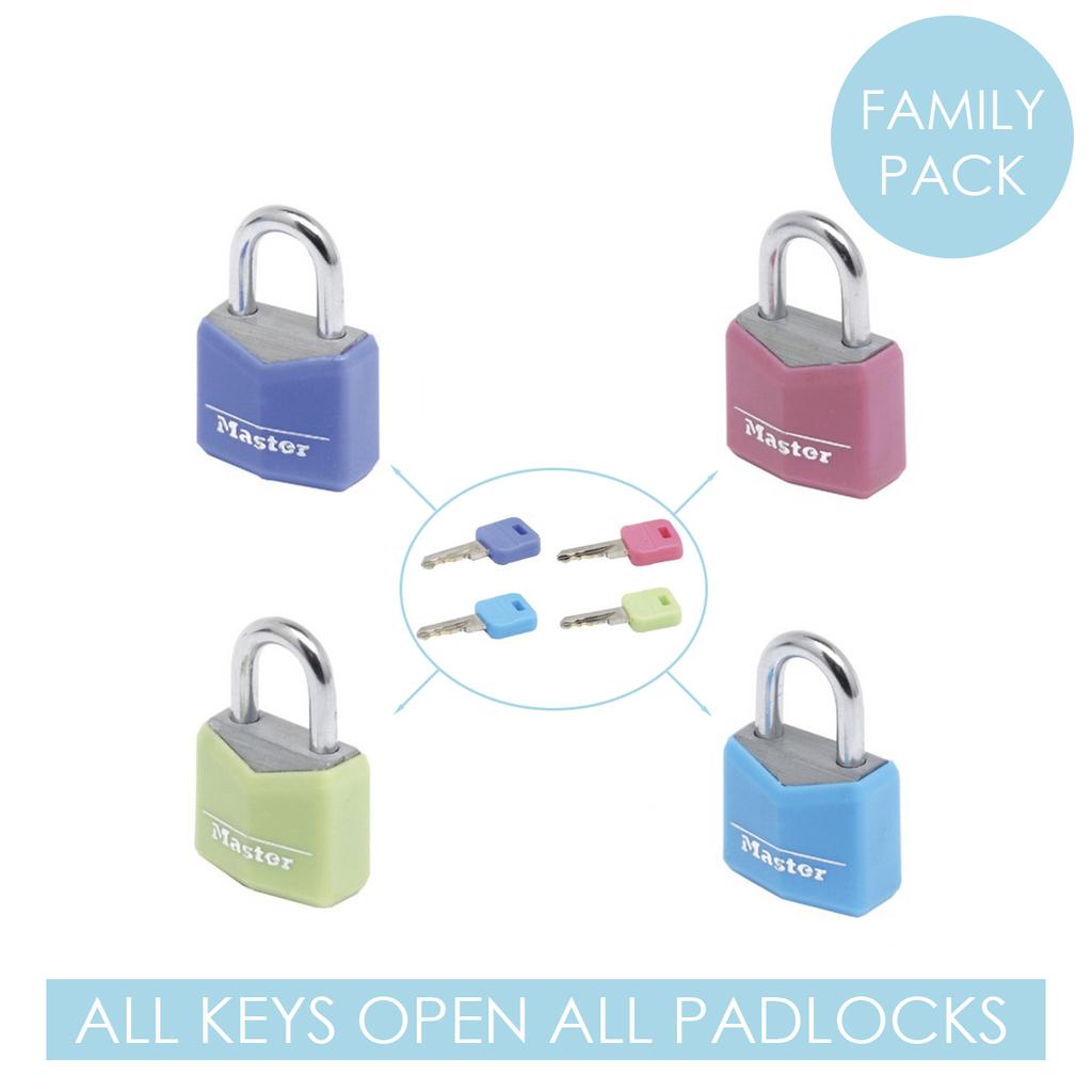 Master Lock 4 Small Aluminium Padlocks with Vinyl Cover, 20x34x14 mm, Color