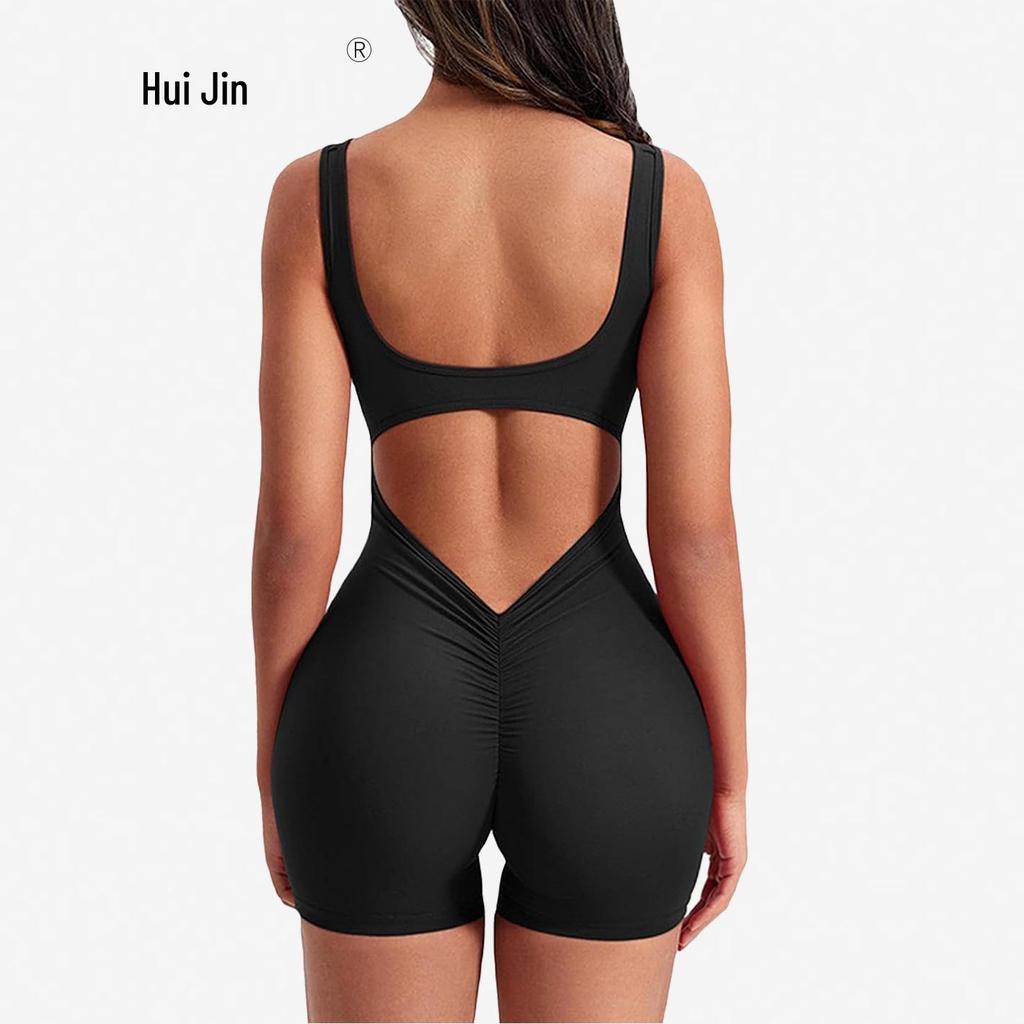 Women's Backless Slim Fit Yoga Jumpsuit - High Elastic, Hip Lifting, Square Neck, One-Piece Sports Shorts.