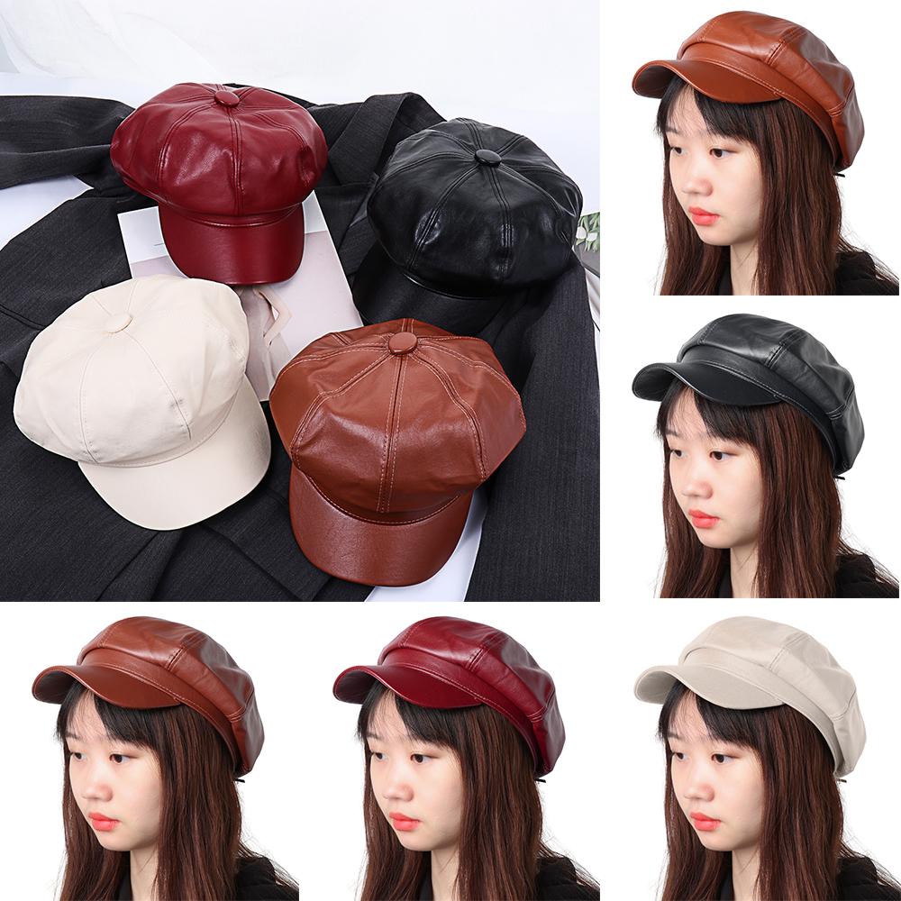 

Casual Solid Color PU Leather New Fashion Beret Hat Newsboy Hat Newsboy Cap Peaked Cap темно-коричневого кольору
