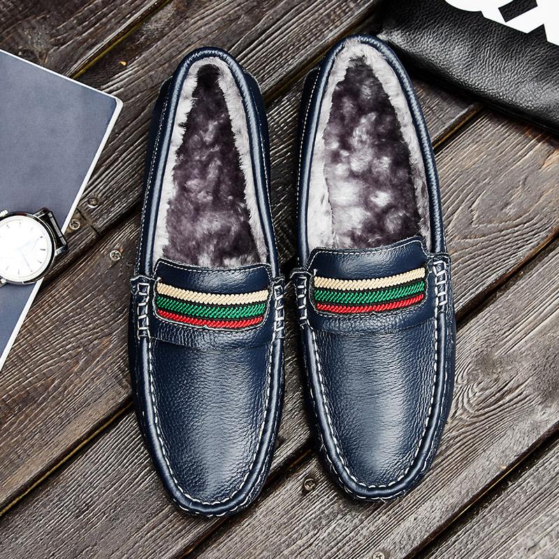 Large Size Winter Fur Loafers Shoes For Men Leather Man Casual Moccasins Mens Driving Shoes Slip On Flats