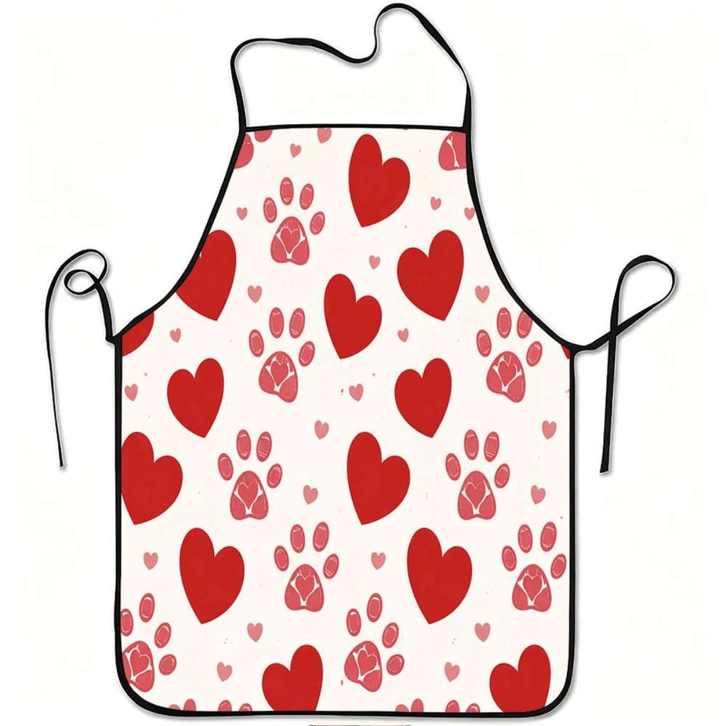 An Apron with a Red Heart and Paw Print Pattern Print, Durable and Easy to Clean, Featuring an Adjustable Waistband, Made of Polyester. Suitable for K