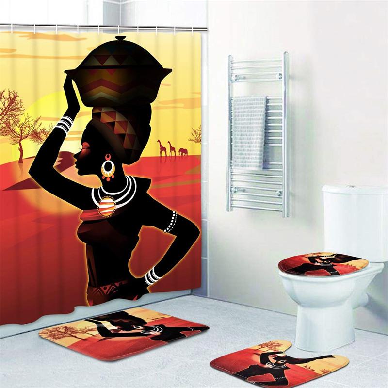 Fashion African Woman Shower Curtain Set With Rugs Afro Girl Egyptian Lady Fabric Shower Curtain Liner Non-Slip Carpet
