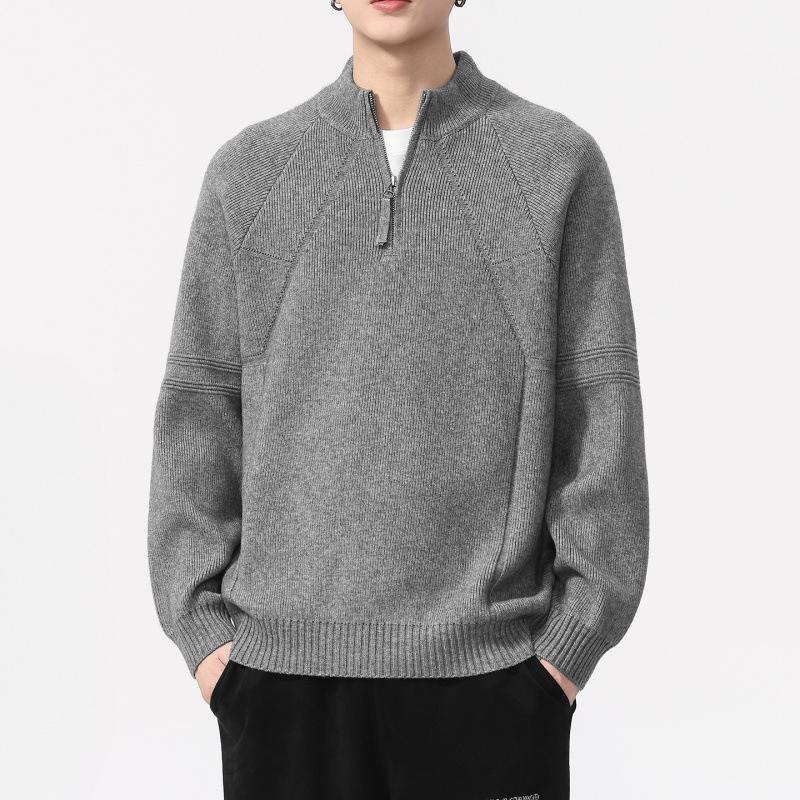 2025 Men's Autumn/Winter Half-High Collar Zipper Sweater - Loose Fit, Solid Color Pullover Knitwear