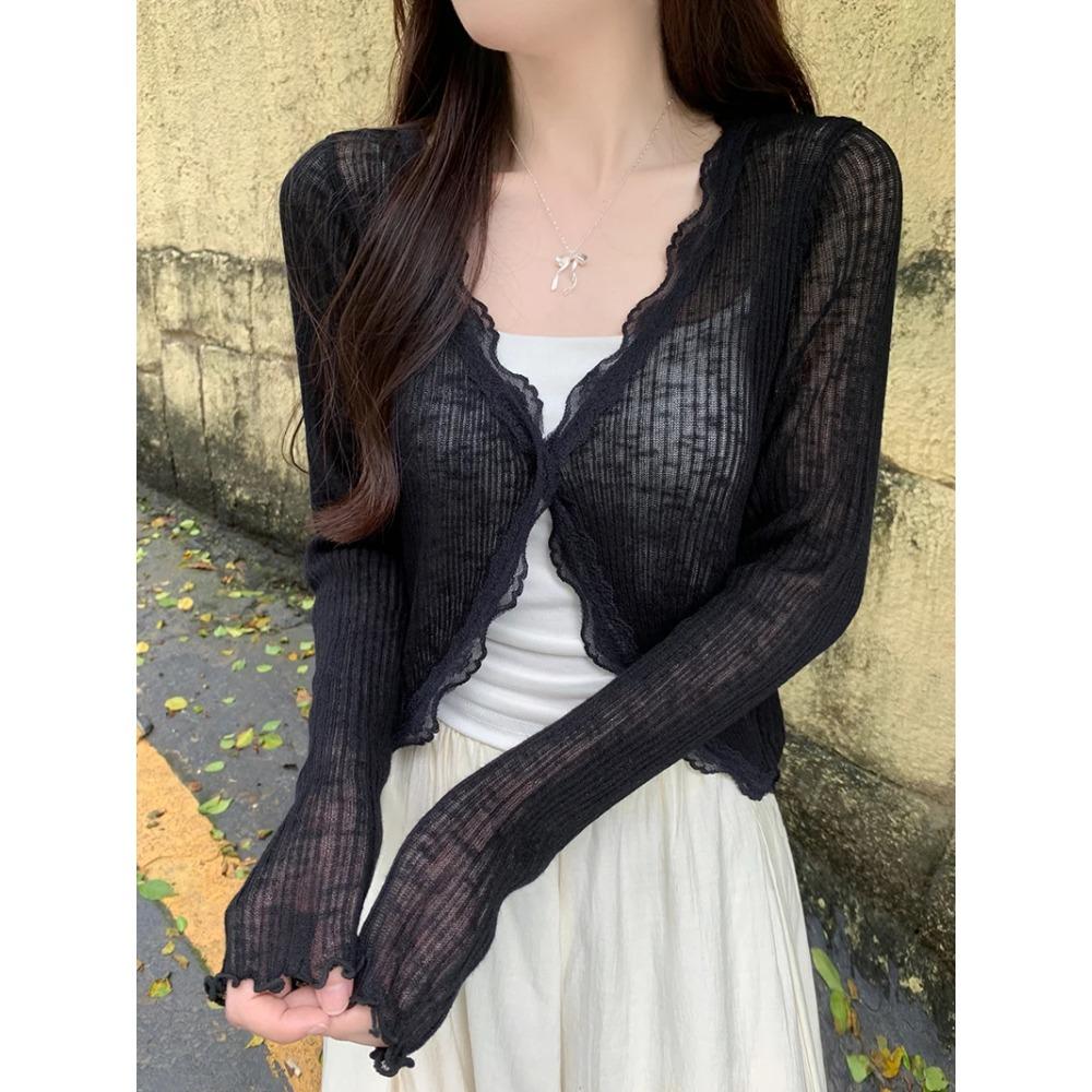 

Кружевной топ с длинными рукавами и одной пуговицей, женский кардиган свитер из рубчатого трикотажа с открытой передней частью, летний наряд в стиле фейрикор One Size чёрный