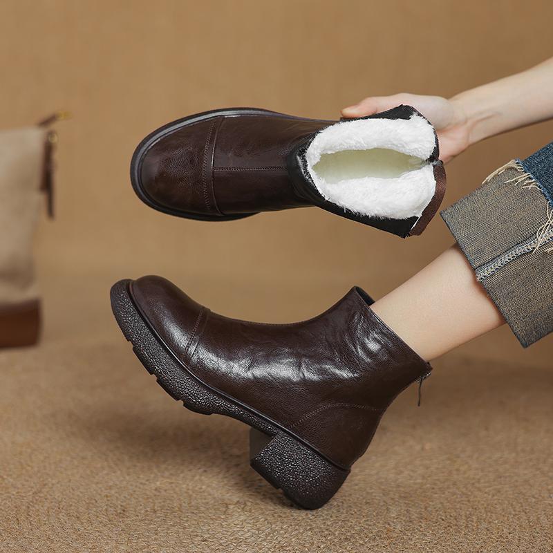 Fashion 2024 Winter Women Boots SheepSkin Women Shoes Round Toe Chunky Heel Short Boots Genuine Leather Ladies Thick Velvet Snow Boots