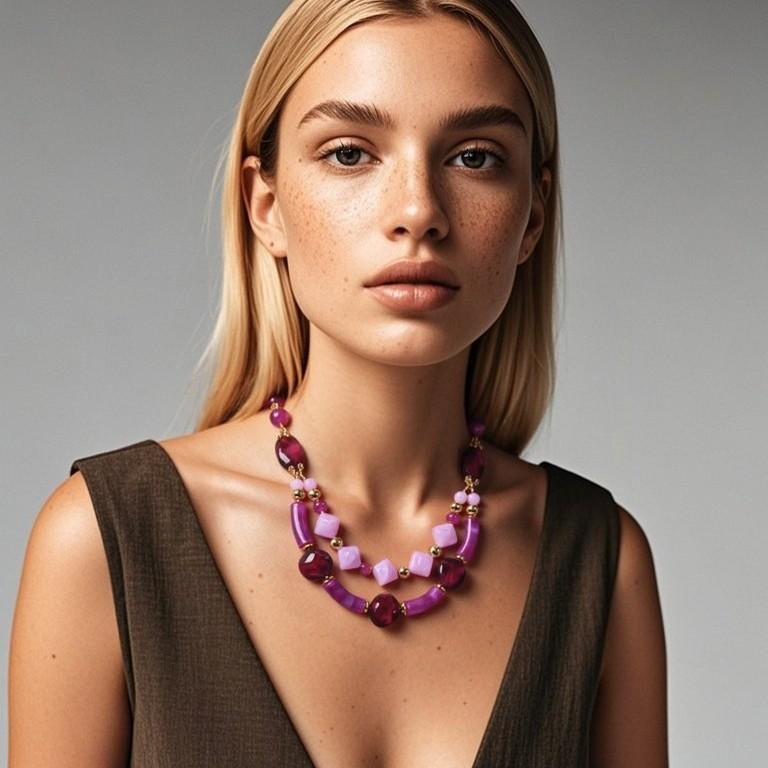 Multicolor Double-Layer Beaded Chunky Necklace Pendant Chain Women Jewelry Party Gift