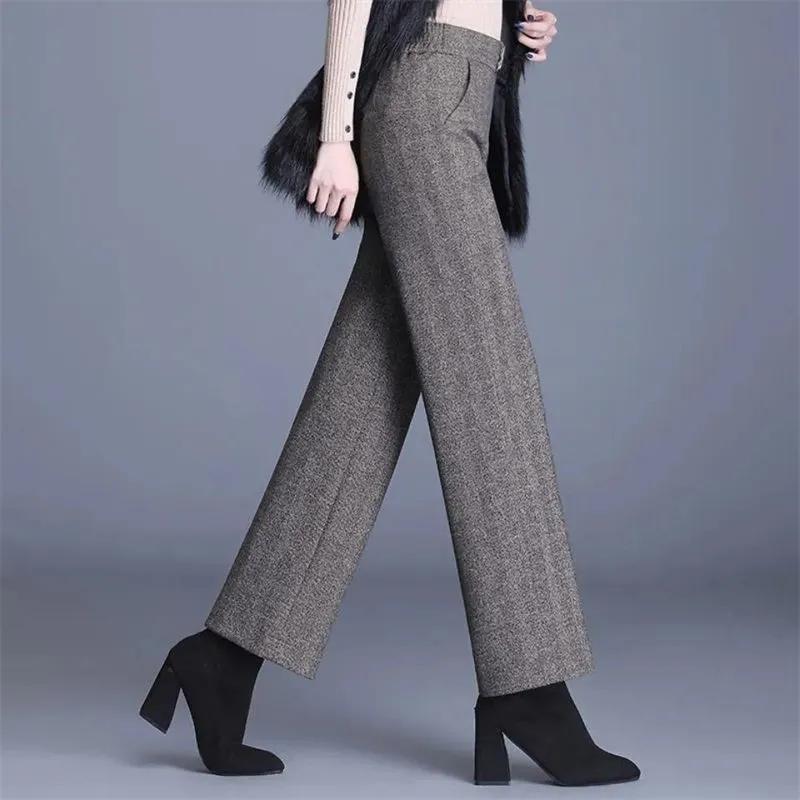 Women's Autumn   Winter Woolen High-Waisted Pants - Herringbone Elastic Waist Loose Straight-Leg Casual Trousers