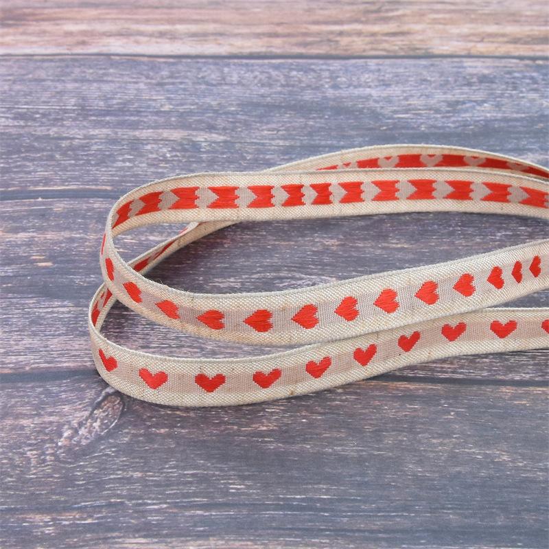 15mm Color Woven Jacquard Love Imitation Hemp Ribbon, Natural Retro Imitation Linen Webbing Gift Packaging Tape 5 Yards