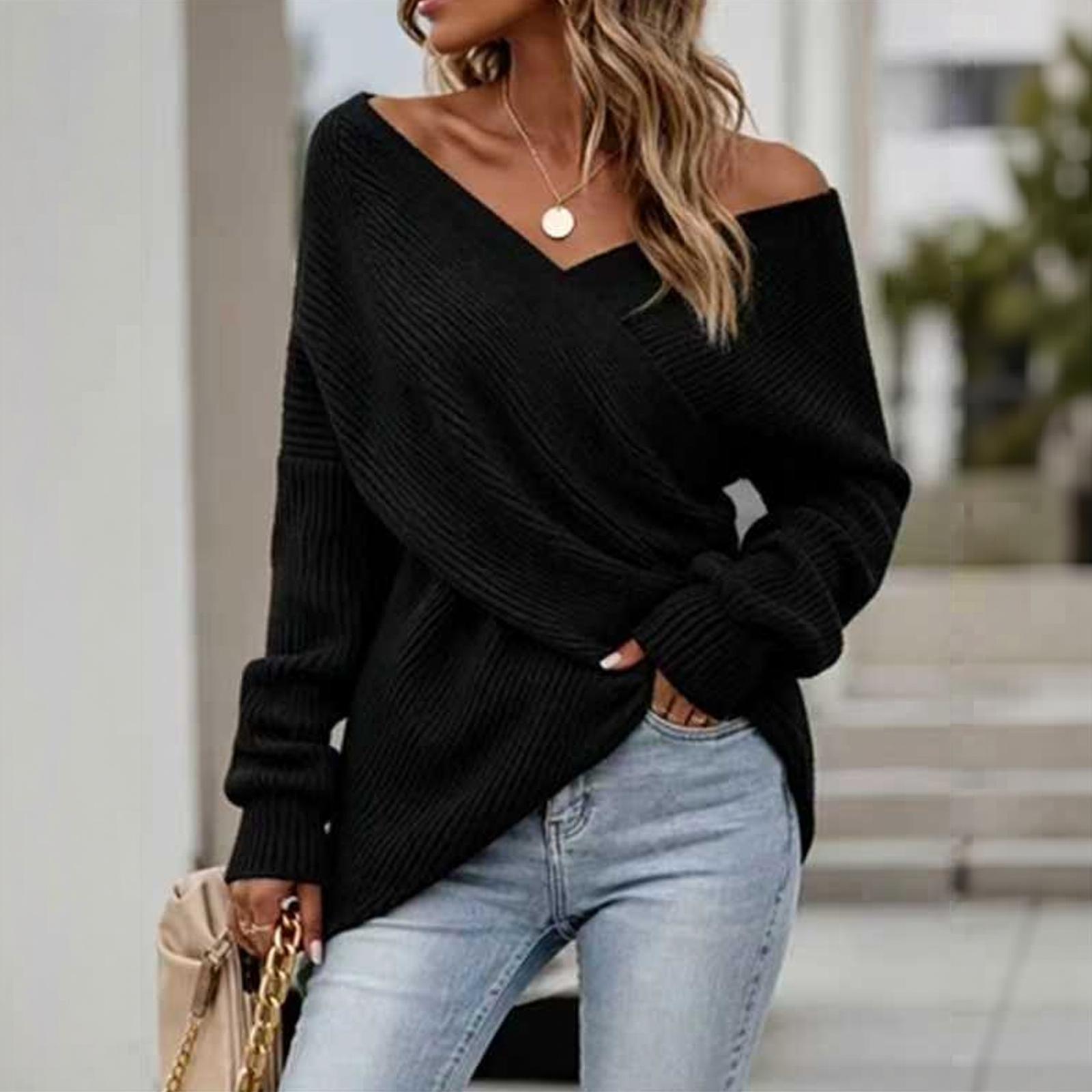 Women s Cross V-Neck Loose Fit Long Sleeve Knit Sweater L