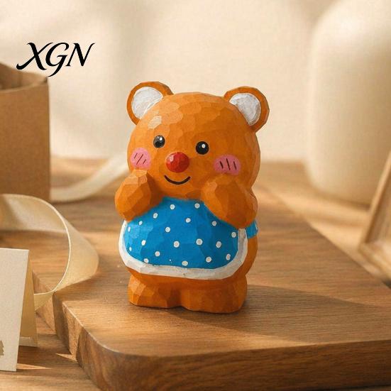 Cute Bear Desktop Decoration Hand-Carved Basswood Ornament, Apron Wood Decorative Figurine, Car Interior Accessory Statue for Shelf And Home