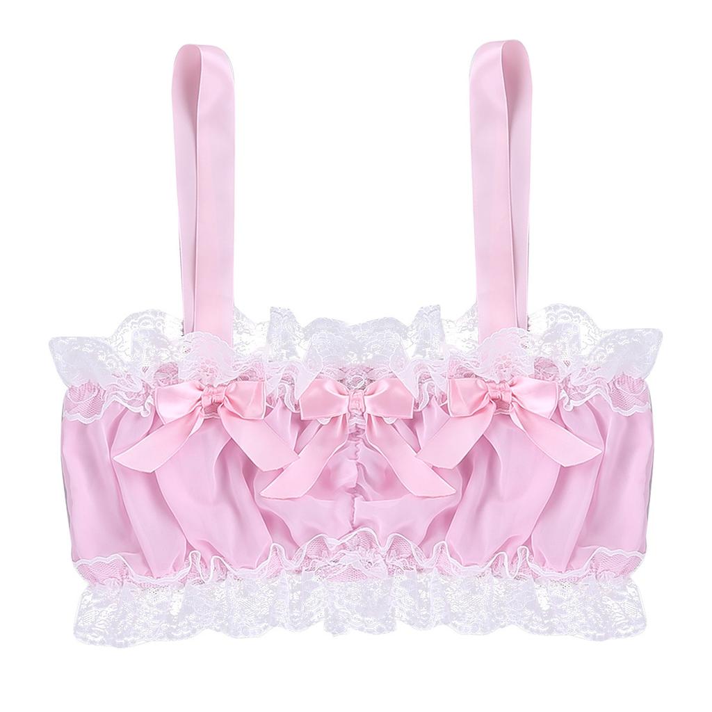 2Pcs Mens Ruffled Lace Sheer Chiffon Sissy Lingerie Set Bra Top with Skirted Petticoated Panties