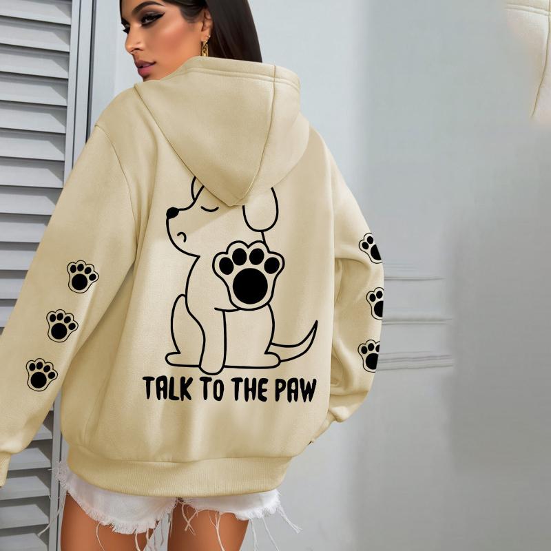 Ladies Spring Autumn Casual Hooded Long Sleeve Big Pocket Cute Puppy Printed Pullover Hoodies Sweatshirt Top