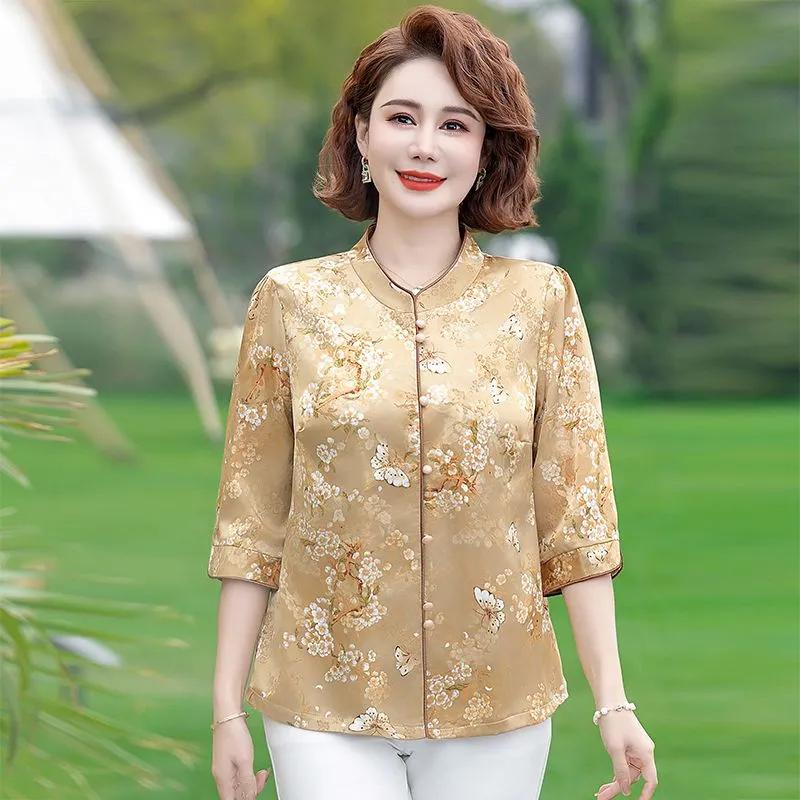 Damenbluse im chinesischen Stil mit Gold-Schmetterlings-Blumenprint, mittellangem Ärmel