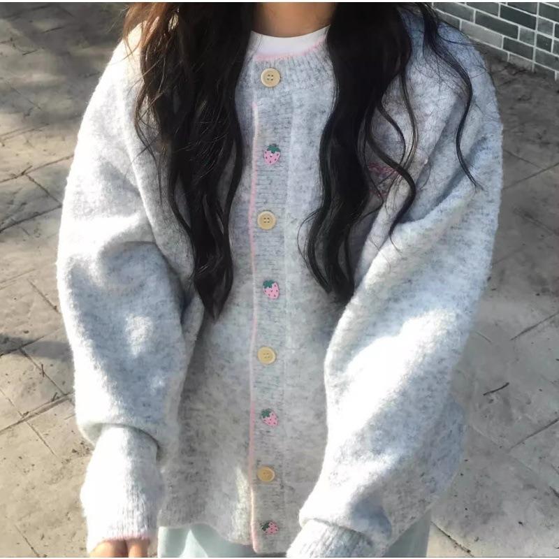 College Style Knitted Cardigan Women's Autumn and Winter New Fun Buttons Lazy Style Soft Waxy Sweater Jacket Loose Top