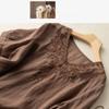 Women's Summer V-neck Embroidery Loose Thin Section Slim Slimming Plus Size Cotton and Linen Short-sleeved T-shirt  Women's Clothing