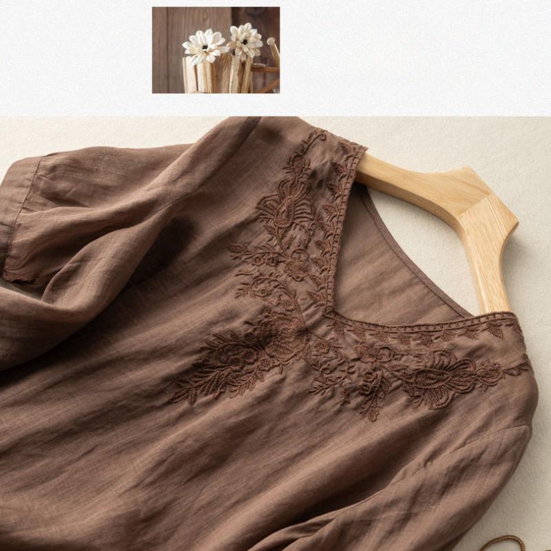 Women's Summer V-neck Embroidery Loose Thin Section Slim Slimming Plus Size Cotton and Linen Short-sleeved T-shirt Women's Clothing