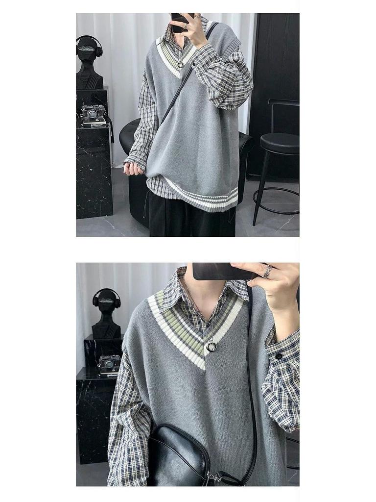Men's College-Style Wool Sweater Vest: Trendy, Artistic, and Sleeveless for Autumn and Winter