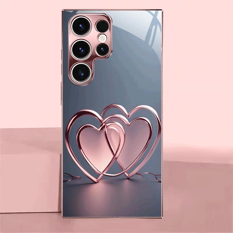 Rose Golden Heart Link Pink Glass phone case for Samsung Galaxy S26 S25 S24 S23 S22 FE Ultra Plus Anti Drop Back Cover