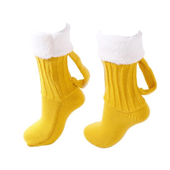 Beer Mug Socks Funny Knitted Crew Socks with Handle Men Women Autumn Winter Floor Socks for Christmas Halloween Birthday Gifts
