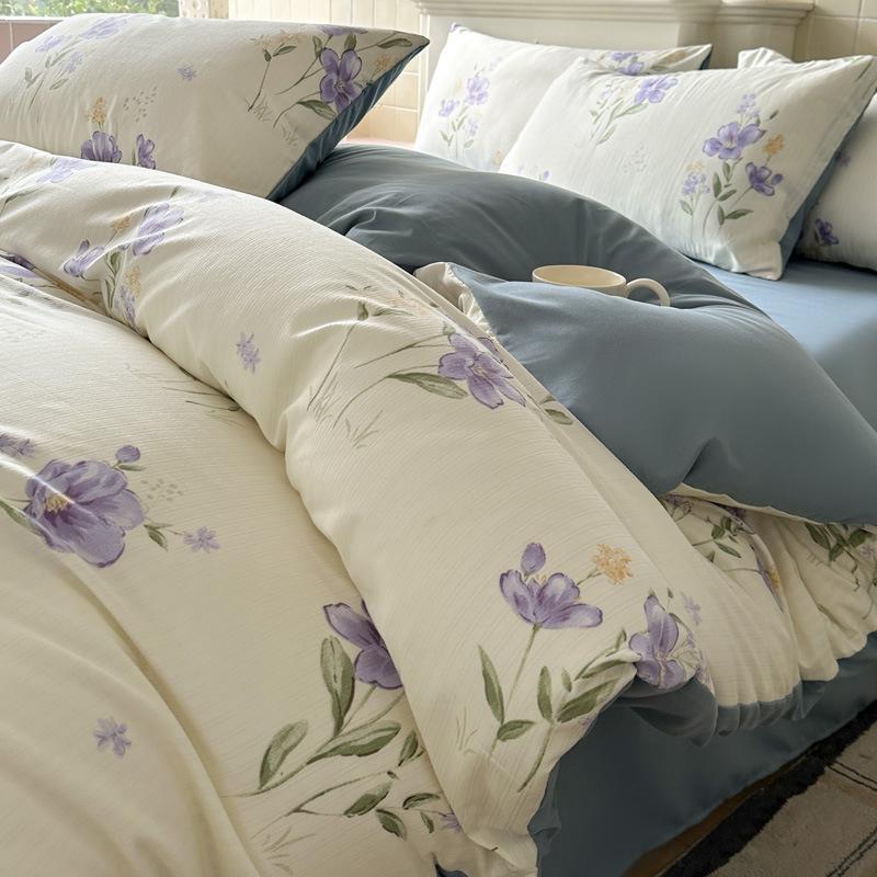 Class A Fresh Four-Piece Set: Washed Cotton Bed Sheet & Duvet Cover with Double Layer Gauze - Home Bedding Collection