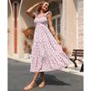 Women Sweet Floral Print Square Neck High Waist Flutter Sleeve Midi A Line Dress