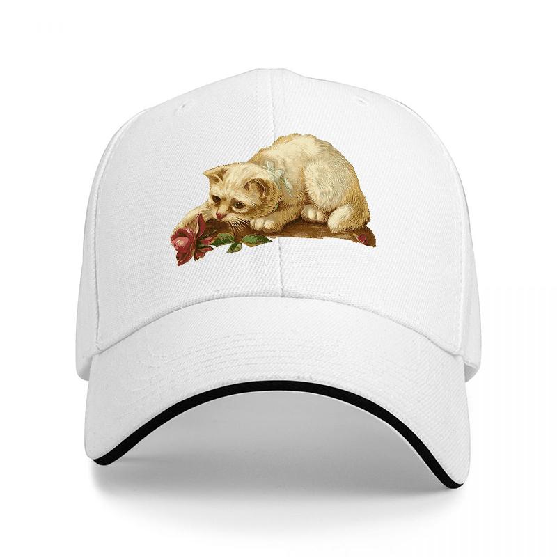 Cute Cat with Rose Embroidered Baseball Cap Classic Black Adjustable Hat for Unisex and Women Fashionable Streetwear Accessory