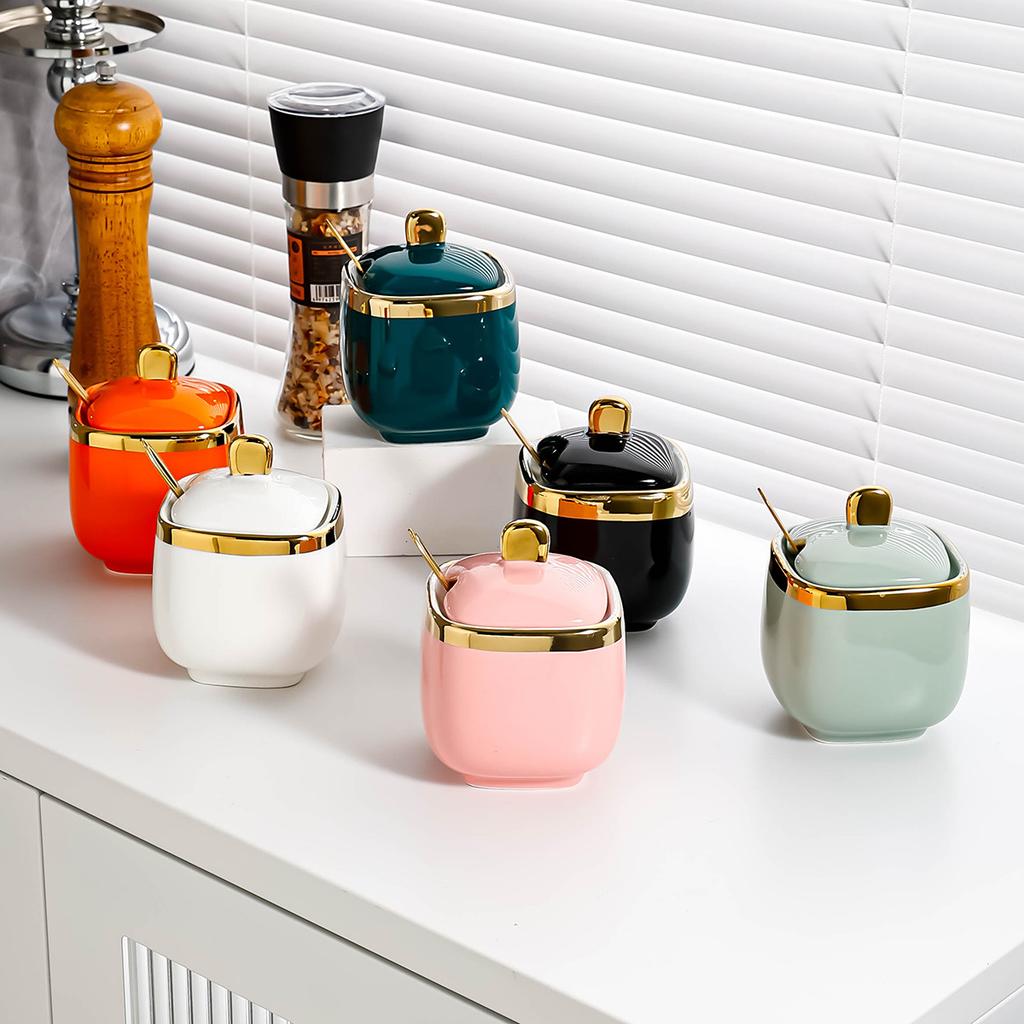 Ceramic Seasoning Box Household Kitchen Salt Seasoning Bottle Jar Storage Box Combination Set Light Luxury Monosodium Glutamate Seasoning Jar