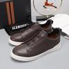 Mens Genuine Leather Slip-On Casual Sneakers With Elastic Band Comfortable Breathable Low-Top Flat Shoes
